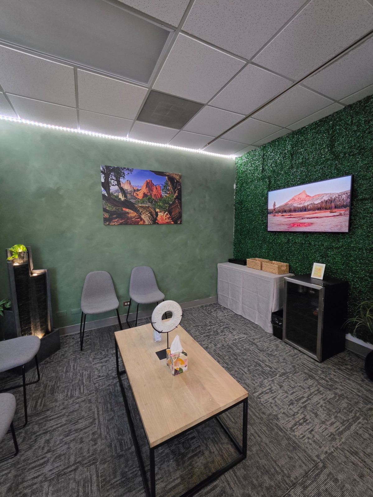 Calming patient lounge at Fortifying Wellness in Littleton with living green wall and water feature